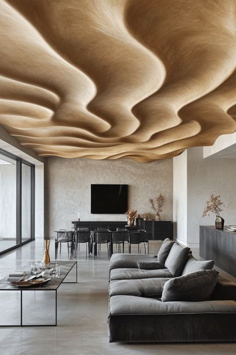 Elevate your room design with statement ceiling trends, from bold colors to textured finishes for a unique look. #StatementCeilings #CeilingTrends Statement Ceiling Ideas, Unusual Ceiling Ideas, Tile On Ceiling, Office Ceiling Tiles, Contemporary Ceiling Design, Unique Ceiling Design, Wood Ceiling Panels, Statement Ceiling, Loft Ceiling