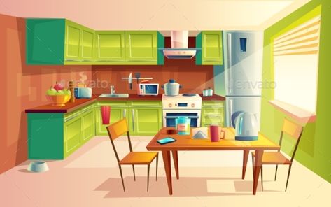 Vector cartoon illustration of cozy modern kitchen with appliances, fridge, stove, toaster, microwave, kettle. Comfortable and clean dining-room, interior inside, concept with furniture and tableware Cozy Modern Kitchen, Clean Dining Room, Kitchen Cartoon, Kitchen Clipart, Kitchen Background, Exhaust Hood, Kitchen Showroom, Living Room Background, Vector Cartoon