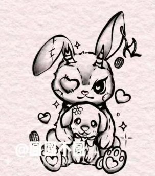 Scary Bunny Drawing, Witchcraft Doodles, Bugs Bunny Drawing, Voodoo Doll Tattoo, Black Skull Tattoo, Eyeball Art, Doll Tattoo, Doll Drawing, Bunny Tattoos