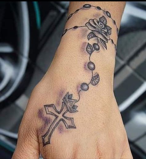 Tattoo Ideas Female Rosary, Rip Hand Tattoos For Women, Rosery Tattoos For Women On Arm, Memorial Hand Tattoos For Women, Rosary Tattoo Forearm Women, Rosary On Hand Tattoo, Hand Tattoos For Women Cross, Rosary Wrist Tattoo For Women, Rosary Around Wrist Tattoo