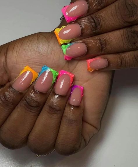 Short Rainbow Nails, Rainbow French Tip Nails, Rainbow French, Elite Nails, Nail Instagram, Nail Drawing, Fancy Nails Designs, Glow Nails, Unique Acrylic Nails