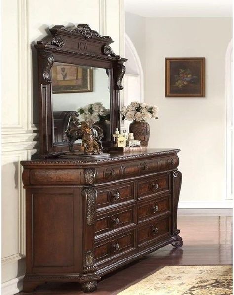 Dark Wooden Furniture Bedroom, Dark Academia Furniture, Brown Wood Furniture, Dark Brown Dresser, Ghibli Bedroom, Dresser Aesthetic, Victorian Bedroom Furniture, Beige Mom, Slytherin Room