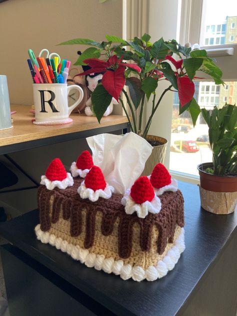 Chocolate drizzle coffee cake with whipped cream and strawberries Crochet Cake Tissue Box Cover, Crochet Whipped Cream, Whipped Cream And Strawberries, Clown Crafts, Cream And Strawberries, Cake With Whipped Cream, Crochet Cake, Crochet Fairy, Crochet Cute