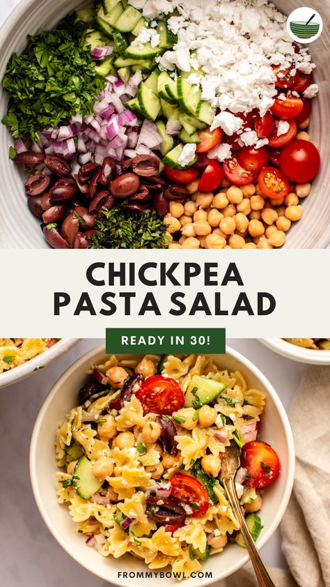 This Chickpea Pasta Salad is filled with vibrant Mediterranean flavors including fresh tomatoes, herbs, briny kalamata olives, and creamy chickpeas. Chickpea Pasta Salad Recipes Healthy, Balsamic Chickpea Salad, Chickpea Noodles Pasta, Healthy Chickpea Pasta Salad, Mediterranean Chickpea Pasta Salad, Pasta Salad Recipes Chickpeas, Mediterranean Salad With Chickpeas, Garbanzo Pasta Salad, Pasta Salad Recipes High Protein