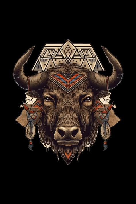 Yellowstone Tattoo, Chickasaw Art, Bison Illustration, Buffalo Artwork, Bison Hunting, Tree Knot, Bison Tattoo, Bull Artwork, Buffalo Tattoo