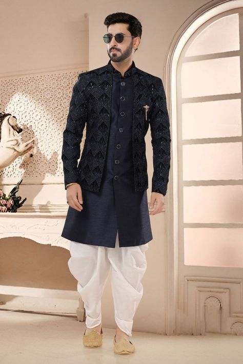 Navy Blue Designer Semi Indo Western Outfit Pakistani Suits Party Wear, Indo Western Outfit, Sequins Jacket, Indowestern Sherwani, Lehenga Style Saree, Readymade Salwar Kameez, Mens Sherwani, Lehenga Choli Wedding, Bollywood Dress