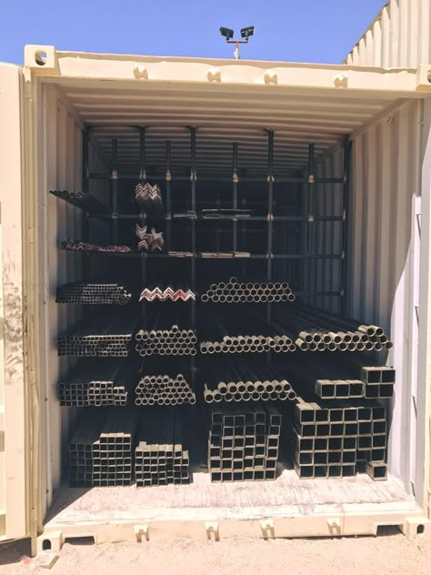 Organized Pipe Storage you can lock up. Pipe is expensive, you don't want it walking off. Welding Shop Organization Ideas, Chain Storage Ideas, Welding Shop Ideas, Art Projects For Beginners, Beginner Welding Projects, Beginner Welding Projects Ideas, Beginner Welding, Shipping Container Workshop, Pipe Storage