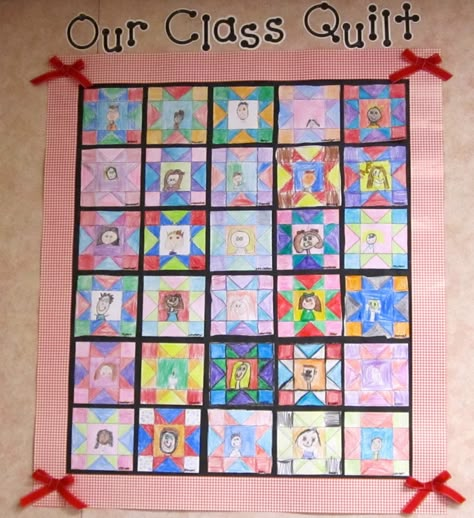 Class quilt: use for pioneer lesson. each child shows a story of their choice in their quilt square. put it all together and make a quilt to hang on the wall. Classroom Quilt, Class Quilt, Abc Countdown, Kansas Day, School Open House, Teacher Birthday Gifts, Paper Quilt, Back To School Night, School Night