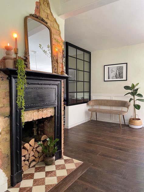 Reclaimed fireplace, exposed brick wall with reclaimed tiles and oak flooring Christmas Faux Fireplace, Brick Wall Apartment, Victorian Entry, Reclaimed Fireplace, Exposed Brick Fireplaces, Victorian School, Turtle House, Red Brick Fireplaces, European Homes