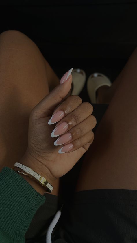 Oval Tips Nails, Shaped French Tip Nails, Cute Almond French Nails, Natural Nail Ideas Almond, Acrylic Nail Designs For Work, French Acrylics Almond, Round Almond Nails Design, French Tips Pointy Nails, Short Work Nails Acrylic Almond