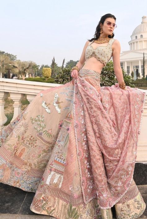 Wedding Lehengas Bridal Pink, Non Bridal Lehenga Outfit, Pink Wedding Lehenga Bridal, Pink And Blue Lehenga, Beautiful Lehenga Designs, Modern Lehenga Designs, Misha Lakhani, Peach Lehenga, Lehenga Bridal