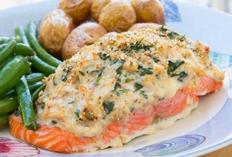 Stuffed Salmon with crabmeat cream cheese stuffing | Chef Dennis Crab Stuffed Salmon, Crab Imperial, Stuffed Salmon, Salmon Spinach, Salmon Filet, Cooking Salmon, Crab Meat, Fish Dishes, Seafood Dishes