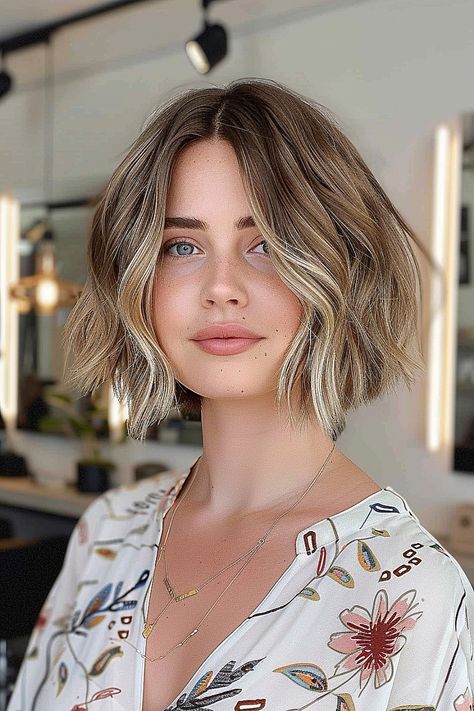 Babylights On Short Hair, Short Hair Babylights, Beach Wave Hairstyles Medium Wavy Bobs, Bob Beach Waves, Short Bob Balayage Brunettes, Beach Wave Lob Haircut, Balayage Bob Brunette, Beach Wave Short Bob, Bob With Beachy Waves