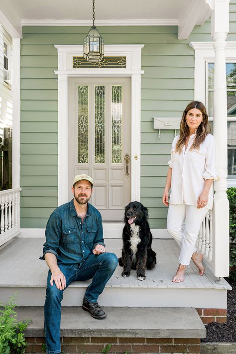 White Colonial House, Leanne Ford Interiors, Sage Green House, Colonial Remodel, Greenwich Village Apartment, Picture Rails, Sage House, Green Siding, Small Space Inspiration