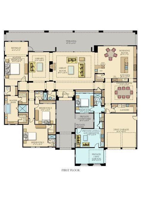 Library Layout, Next Gen Homes, Multigenerational House Plans, Multigenerational House, Inlaw Suite, Courtyard House Plans, Room Library, Living Room Area, Family House Plans