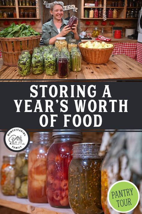 You asked, and we're finally giving you a pantry tour to show you how we store a year's worth of food for our large family of 12. It may not be perfect, but that's not stopping us, and we're continually making improvements and adjustments. We hope some of our long-term storage tips come in handy for your own food storage solutions. Pantry Tour, Storing Food Long Term, Food Storage Rooms, Harvest Storage, Food Canning, Potato Storage, Harvest Kitchen, How To Store Potatoes, Moonshine Recipes