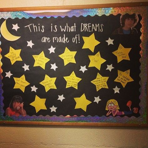 New bulletin board #lizziemcguire #ralife, Disney Hall Goal Setting Board, Disney Hall, College Bulletin Boards, Interactive Bulletin Boards, Stars Classroom, Ra Bulletins, Ra Bulletin Boards, Disney Classroom, Preschool Bulletin