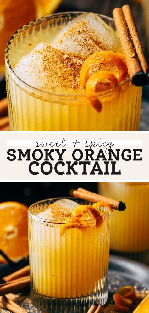 Sweet and tangy fresh orange juice, smoked cinnamon and mezcal, and warm spiced honey syrup make up one delicious cocktail. This smoky spiced orange cocktail is an incredibly flavorful drink that’s like making a swanky restaurant-quality drink to make for your next at-home cocktail hour. All Spice Dram Cocktails, Smoked Cinnamon Cocktail, Chestnut Cocktail, Smoked Drinks, Cinnamon Cocktails, Cinnamon Cocktail, Orange Juice Cocktails, Honey Cocktail, Spiced Cocktail