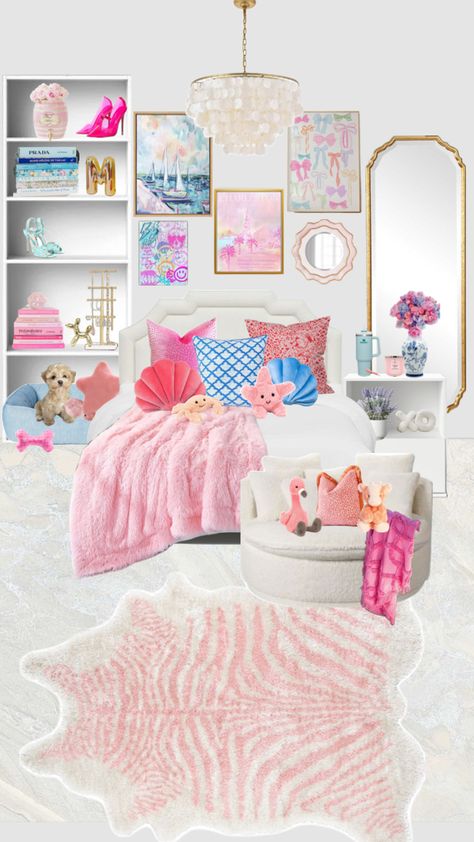 Preppy Bed Decor, Preppy Modern Bedroom, Cute Room Ideas Preppy, Cute Bedroom Ideas Preppy, Colorful Beachy Bedroom, Room Ideas Aesthetic Preppy, Preppy Room Decor Bedroom, Designer Room Aesthetic, Pink Beach Room Bedrooms