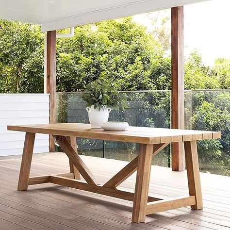 This Watson Acacia Outdoor 2.5m Dining Set with Collaroy Chairs luxurious appearance instantly adds a sense of style to any outdoor dining scene. Perfect for hosting gatherings, this setting promises to stand the test of time. The Watson table exudes timeless sophistication and effortless style, crafted from weather-resistant acacia hardwood prized for its strength and resistance. Outdoor Wood Table, Table For 12, Timber Dining Table, Hardwood Table, Wood Table Design, Timber Table, Diy Dining Table, Gallery Furniture, Diy Wooden Projects