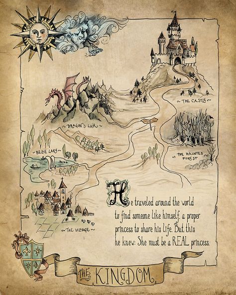 The Princess and The Pea by Biljana Kroll, via Behance Fairytale Map Illustration, Storybook Map, Fairy Map, Dragon Medieval, Moon In Aries, The Princess And The Pea, Full Moon In Aries, Fantasy Map Making, Fantasy World Map