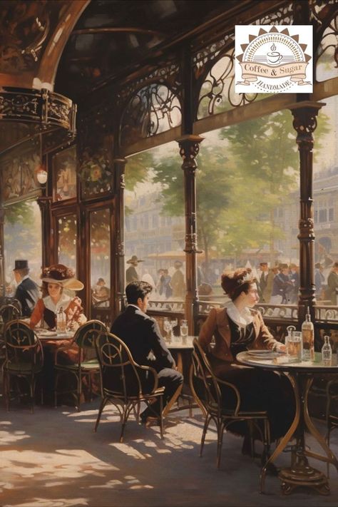 French Cafe Artwork, Victorian Shop Aesthetic, Coffee Shop Old Style, Coffee Shop In Paris, Victorian Coffee Shop, Cafeterias Vintage Aesthetic, Cafe Art Illustration, Old Paris Aesthetic, Coffee Vintage Aesthetic