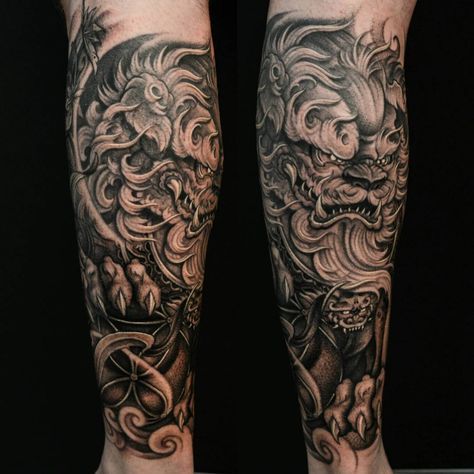 Foo Dog Forearm 1/2 Sleeve Foo Dog Tattoo Design, Dog Tattoo Design, Japanese Leg Tattoo, Foo Dog Tattoo, Men Tattoos Arm Sleeve, Fu Dog, Foo Dogs, Asian Tattoos, Japanese Sleeve Tattoos