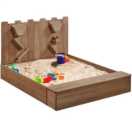 Build your kids a world of imaginative play with this Wooden Sandbox. Measuring 53"L  44.5"W  30.5"H, this sand box is the perfect entertainment option for your kids, whether in the backyard, garden, or on the deck. It's also a fantastic addition to family beach outings, taking the fun of sand play to a whole new level. Constructed from polished fir wood, this sandbox ensures durability and safe play for children. With a sand wall that doubles as a fun activity and a protective backsplash, this sandbox offers endless entertainment options for your little adventurers. Let their imaginations run wild as they enjoy the sand spinning wheel, chutes, and funnel, creating a dynamic and lively atmosphere during playtime. Moreover, the built-in bench provides a spot for them to sit while playing. A Giant Sandbox Diy, Sandbox Activities, Sensory Garden For Kids, Sand Box With Lid, Diy Sand Box For Kids Pool, Sand Toy Storage Outdoor Play, Sand Box Toys For Kids, Wooden Sand Box With Cover, Sandbox With Lid