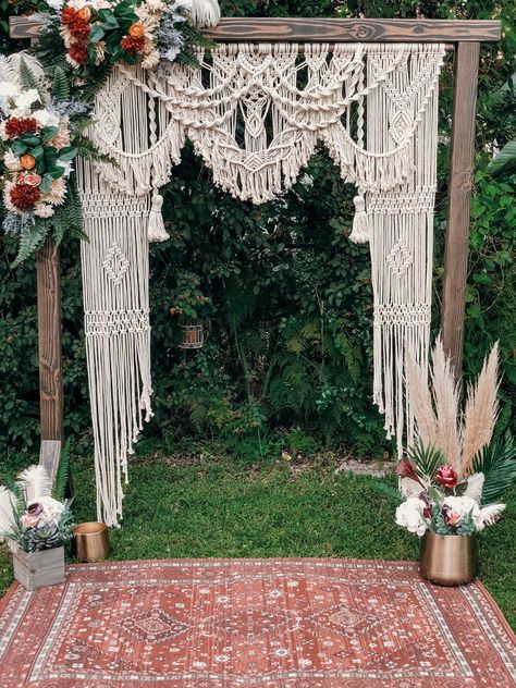 Available to purchase or rent in Florida. Visit our website for more info. 🌿 Macrame Wedding Decor, Macrame Wedding Backdrop, Bohemian Wedding Decorations, Macrame Backdrop, Macrame Wedding, Wedding Ceremony Backdrop, Macrame Curtain, Ceremony Arch, Ceremony Backdrop