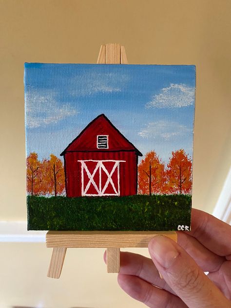 Mini autumn barn painting - 4x4 canvas board with easel Mini Fall Paintings, Horse Canvas Painting Easy, Autumn Paintings Easy, Easy Autumn Paintings, Barn Paintings On Canvas, Fall Paintings Easy, Autumn Painting Acrylic Easy, Autumn Painting Acrylic, Autumn Painting Ideas Easy