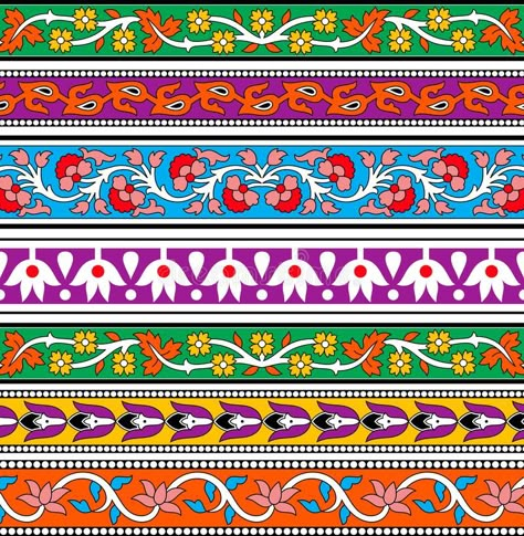 Colorful vector ornament kalamkari border design. Use of multi colors royalty free illustration Vector Border Design, Kalamkari Border, Krishna Birthday, Cross Stitch Easy, Simple Border, Flower Cross Stitch, Beautiful Flower Drawings, Vector Border, Kalamkari Painting