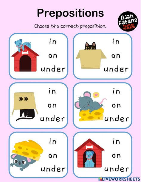 Preposition Worksheets Kindergarten Free Printable, Prepositions For Grade 1, Preposition Picture Worksheet, Preposition Worksheets Kindergarten, Worksheets On Prepositions, Preposition Worksheets In On Under, English Conversation For Kids, Preposition Worksheets, Senses Preschool