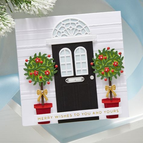 Open House Collection ﻿| Spellbinders Live - Spellbinders Blog Spellbinders Open House, Large Garland, Fruit Ornaments, Single Door Design, House Door, Spellbinders Cards, House Doors, Flower Center, Square Card