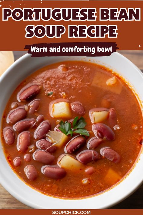 Hearty Portuguese Bean Soup with Sausage and Vegetables Bean Soup With Sausage, Portuguese Bean Soup, Portuguese Soup, Sausage And Vegetables, Soup With Sausage, Red Bean Soup, Portuguese Sausage, Bean Soup Recipe, Portuguese Cuisine