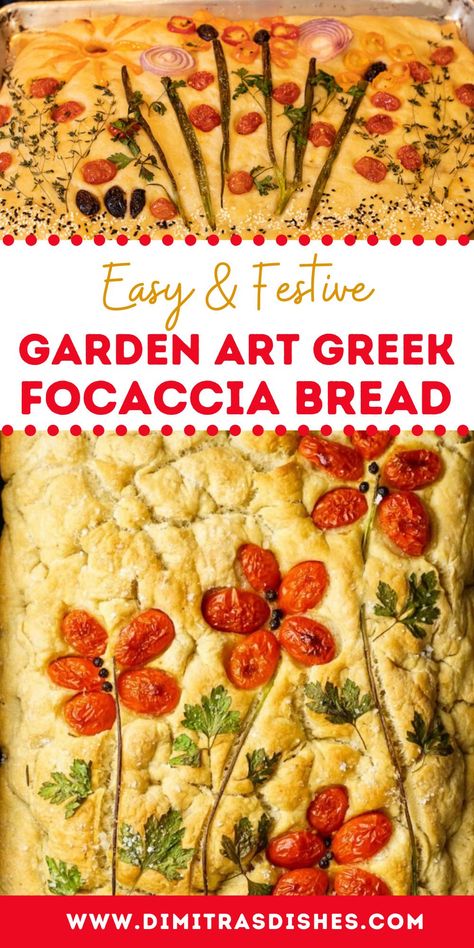 Facatcha Bread Art, Focassia Bread Recipes Quick, Fuccashia Bread Recipe, Ficashia Bread Recipe, Faccasha Bread, Ficottia Bread, Greek Bread Recipes, Mediterian Recipes, Edible Garden Landscape