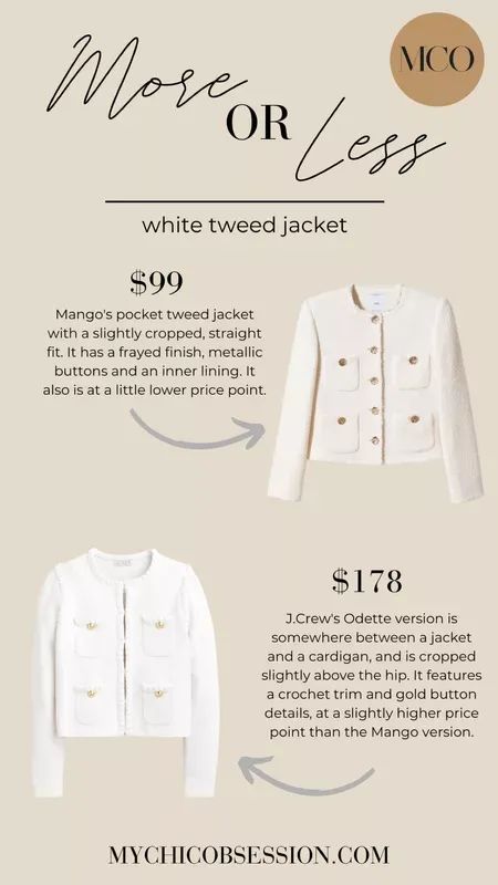 Would you have guessed which is more and which is a little less?    The white tweed jacket is the perfect layering piece, and easy to dress up or down depending on your mood.     #LTKFind #LTKstyletip White Boucle Jacket Outfit, Boucle Jacket Outfit, White Tweed Jacket, Trendy Mom Outfits, Capsule Wardrobe Outfits, Trendy Mom, Outfit Collage, Boucle Jacket, White Tweed