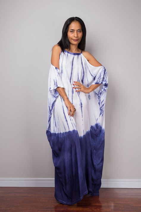 Indigo tie dye Kaftan maxi dress, Open shoulder dress, Resort Kaftan,Beach party dress, Off shoulder kaftan dress, Blue summer dress Blue Beach Dress, Shibori Clothing, Shibori Dress, Tie Dye Kaftan, Indigo Dress, Rayong, Indigo Tie Dye, Mode Kimono, Diva Style