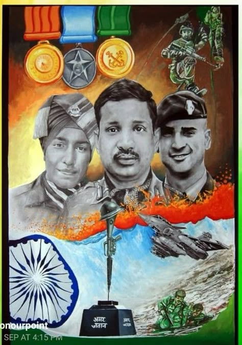 Kargil Vijay Diwas Creative Painting, Poster On Veer Gatha, Painting On Veer Gatha Project, Indian Soldiers Painting, Veer Gatha Drawing Painting, Ncc Drawing, Veer Gatha Painting Competition, Veer Gatha Painting, Gallantry Award Winner Drawing