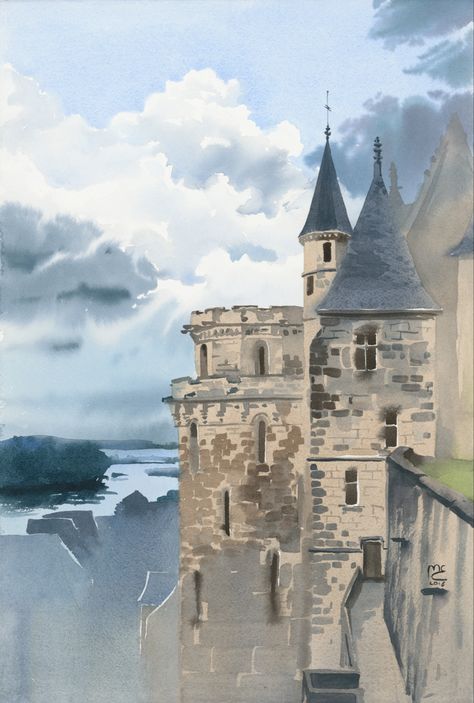 French Trip, France Landscape, Watercolour Drawings, French Castle, Rainy Sky, Castle Drawing, Castle Painting, Colour Architecture, French Paintings