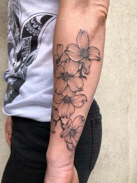 Dogwood Bouquet Tattoo, Cross With Dogwood Flowers Tattoo, Dogwood Flower Tattoo Forearm, Dogwood Flowers Drawing, Dogwood Tree Tattoos For Women, Fine Line Dogwood Flower Tattoo, Dogwood Shoulder Tattoo, Dogwood Flower Tattoo Shoulder, Flowering Dogwood Tattoo