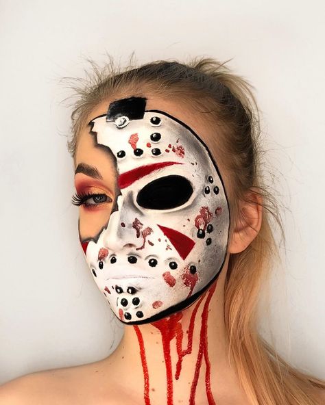 Friday The 13 Makeup, Halloween Makeup Face Paint, Jason Face Paint, Jason Mask Makeup, Halloween Creative Makeup, Jason Makeup Halloween Friday The 13th, Friday The 13th Makeup Looks, Jason Halloween Makeup, Jason Makeup Halloween