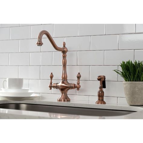 Kingston Brass Heritage Double Handle Kitchen Faucet with Optional Side Spray & Reviews | Wayfair Copper Kitchen Faucet, Vintage Kitchen Faucet, Copper Kitchen Faucets, High Arc Kitchen Faucet, Single Hole Kitchen Faucet, Kitchen Faucet With Sprayer, Brass Kitchen Faucet, Water Control, Single Handle Kitchen Faucet