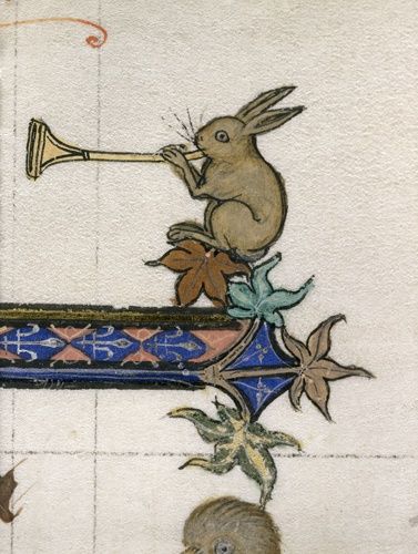 Rabbit blowing a horn. Among the marginal creatures populating medieval manuscripts musical animals are fairly common. Era Medieval, Medieval Things, Killer Bunny, Medieval Drawings, Ideas Uñas, Medieval Artwork, Illustrated Manuscript, Medieval Aesthetic, Medieval Books