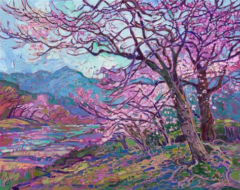 A beautiful row of cherry trees line a river in Japan Cherry Blossom Gouache, Cherry Blossom Tree Landscape Painting, Abstract Cherry Blossom, Bloom Painting, Paper Screen, Oil Paint Cherry Blossom, Pink Blossom Tree Painting, Contemporary Landscapes, Japanese Cherry Tree