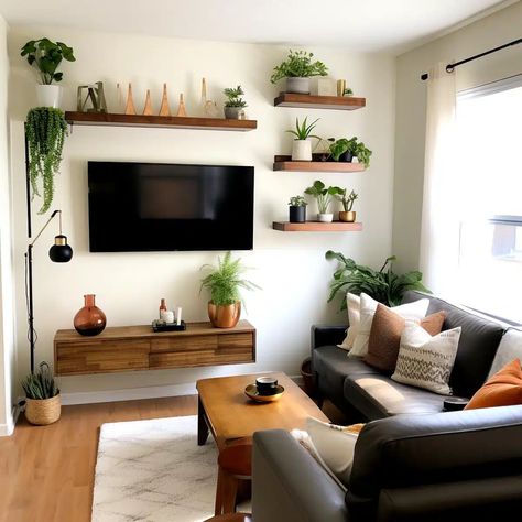 11 Creative Small Living Room Ideas with TV on Wall to Enhance Your Space - HearthandPetals Small Living Room Ideas With Tv, Cozy Textiles, Shelves Floating, Small Living Room Layout, Design Tricks, Smart Organization, Gallery Ideas, Living Room Setup, Decluttering Tips