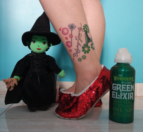 Elphaba And Glinda Tattoos, Wicked Musical Tattoo Ideas, Wicked The Musical Tattoo, Elphaba Tattoo, Wicked Tattoo Ideas, Wicked Tattoos Musical, Peas Tattoo, Wicked Musical Tattoo, Diana Tattoo