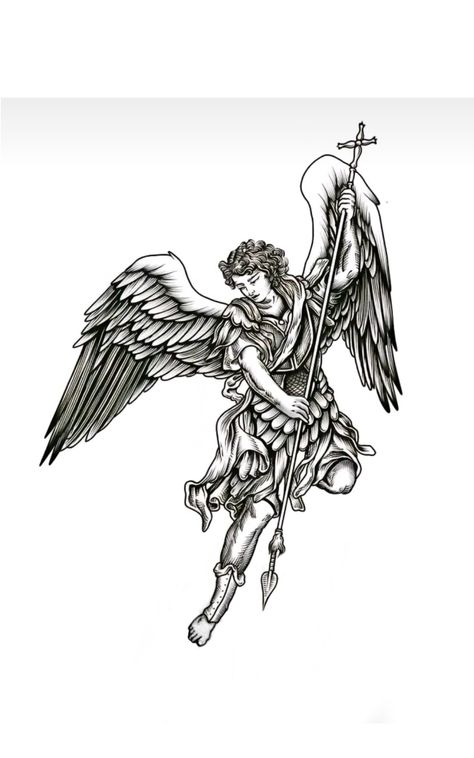 Angel With Spear Tattoo, Mens Back Arm Tattoo, Angel On Arm Tattoo, Gladiator Angel Tattoo, Dark Angel Tattoo Design, Arch Angel Raphael Tattoo, Arch Angel Michael Tattoo Design, St Gabriel Tattoo, Christian Tattoo Sleeve Ideas For Men