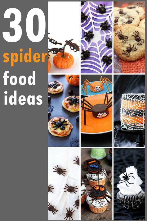 SPIDER FOOD IDEAS: a collection of spider-themed treats and crafts for Halloween. Fun food for Halloween and DIY Halloween decor ideas. Spider Dinner Ideas, Spider Food Halloween, Spider Halloween Snacks, Halloween Spider Food Ideas, Halloween Food Spider, Spider Food Ideas For Kids, Edible Spiders For Halloween, Spider Treats For Halloween, Spider Food Ideas