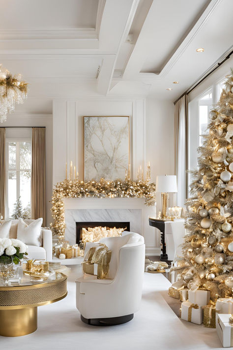 White and gold christmas decor,White and gold christmas tree Christmas Decor Gold And White, White Silver And Gold Christmas Decor, Christmas Decor Ideas White And Gold, Gold Christmas Aesthetic, Christmas White And Gold, November Welcome, White And Gold Christmas Decor, Goodbye November, Christmas Decor White