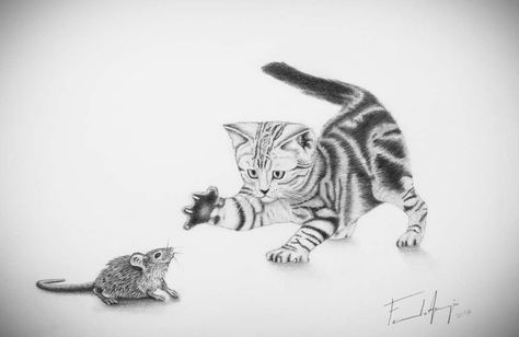 "Cat Chasing Mouse" Drawing with Staedtler Mars Lumograph & Mars Lumograph black.  #cat #catdrawing #kittendrawing #kitten #art #arte… Cat Chasing Mouse Drawing, Cat And Mouse Tattoo, Cat Chasing Mouse, Mouse Tattoo, Mouse Tattoos, Kitten Drawing, Mouse Drawing, Kitten Art, Art Painting Tools